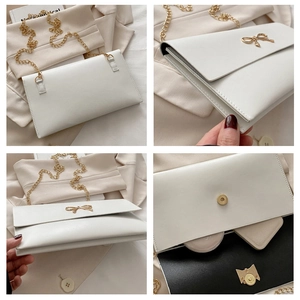 Collage of white envelope bag showing interior capacity and golden bow detail