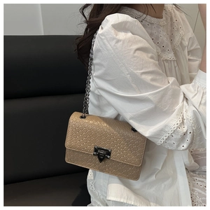 Detail showing woven texture and silver metal chain strap on beige crossbody bag