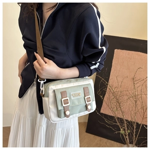Detail van lichtgroene en beige canvas crossbodytas met modieuze bruine gespen