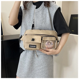 Detailed view of khaki canvas crossbody bag with multi-pockets and transparent PVC window