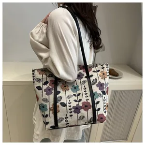 Close-up of floral jacquard texture on large tote bag with retro knit flower patterns