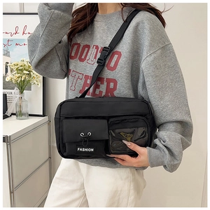 Detail of black nylon crossbody bag featuring transparent window and adjustable strap