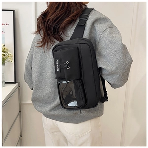 Detail of black nylon crossbody bag featuring a clear window pocket and fashion strap
