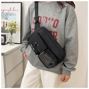 Detail of black nylon crossbody bag with adjustable strap and transparent PVC pocket