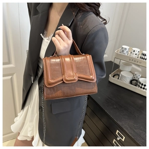 Close-up of brown crocodile texture retro handbag with silver chain strap and handle