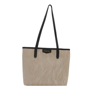 Retro champagne pleated tote bag with black straps and fashion tag for women