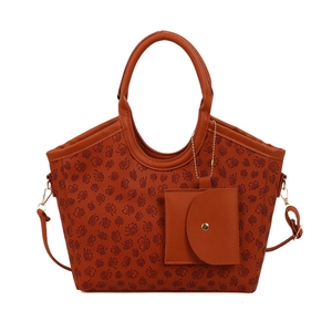 Caramel brown clover embossed tote bag set with detachable strap and small pouch