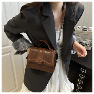 Detailed view of a brown crocodile pattern handbag styled with a chain strap for casual wear