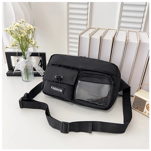 Detail of black crossbody bag featuring a transparent PVC pocket and adjustable strap