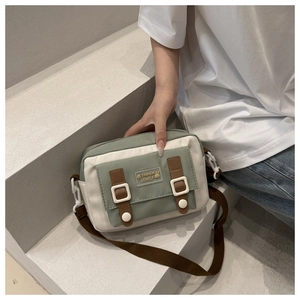 Detail of canvas crossbody bag in sage green and cream with stylish leather buckles