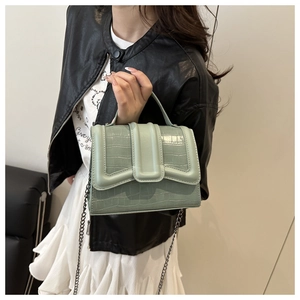 Sage green faux crocodile handbag with metallic chain strap worn by a female model