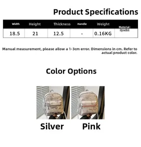 Size chart showing mini butterfly backpack dimensions 18.5x21x12.5cm in silver and pink