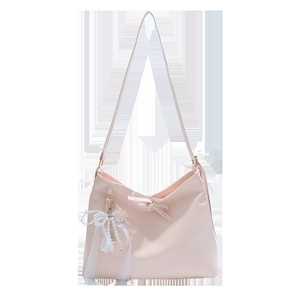 Pink bow tote bag with pearl and lace pendant, stylish casual shoulder handbag for women