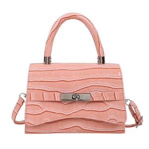 Pink crocodile pattern shoulder bag with silver metal lock and detachable strap