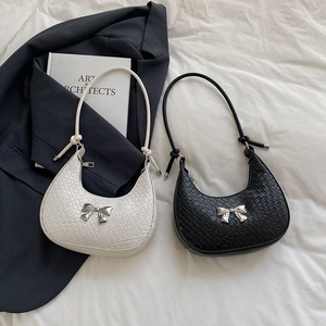 Women Crescent Hobo Shoulder Bag PU Leather Woven Crocodile Texture Silver Metal Bow Underarm Bag Knotted Strap
