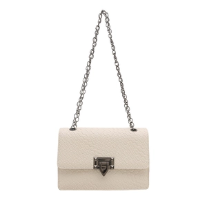 Cream white chain flap bag with embossed snake texture and metallic buckle on white background
