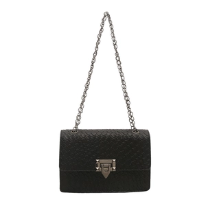 Chic black snake-patterned crossbody bag with silver chain strap and studded lock