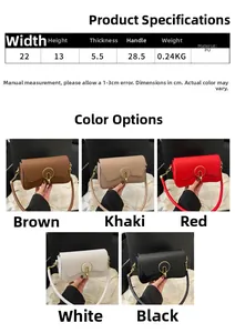 Detailed size chart and multi-color options for minimalist PU leather square shoulder bag