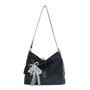 Minimalist black faux leather hobo bag with bow decoration and pearl lace charm