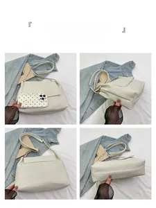 Multi-angle details of beige crossbody bag showing woven texture and metal chain strap