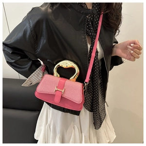 Detail of pink shoulder bag with H-shaped gold buckle and unique circular metal handle