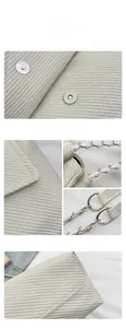 Detail of lychee pattern cream woven tote bag featuring magnetic closure and chain strap