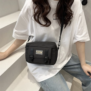 Minimalist black nylon crossbody bag for women with fashion lovely bunny patch