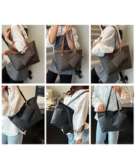 Présentation du sac cabas rétro avec imprimé monogramme et fines lanières en cuir sur modèle