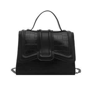 Black crocodile embossed leather handbag with silver chain strap and top handle