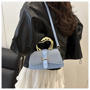 Detail of light blue crossbody bag featuring gold H buckle and irregular metal handle