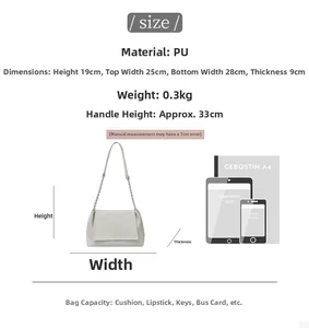 Size comparison of a minimalist beige PU leather shoulder bag with a metal chain strap