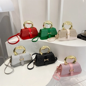 Women's chic crossbody bag in six colors with glitter flap and gold circular handle