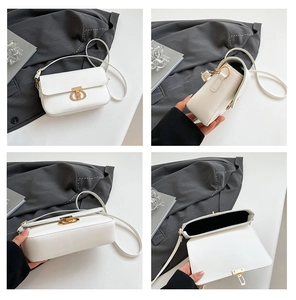 Four views of white PU leather crossbody bag showing gold lock and internal capacity