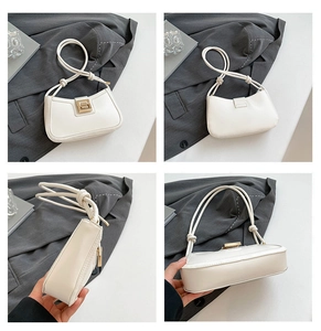 Detailed views of a white underarm bag with gold buckle and French retro knot straps