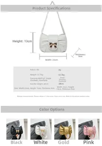 Detailed size chart for pleated bow handbag with dimensions 22x13x9cm in four colors
