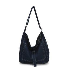 Retro dark blue denim tote bag with adjustable shoulder strap and large capacity for women