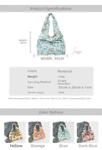 Size chart and color options for floral print fabric shoulder bag with dimensions