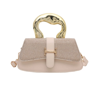 Elegant beige leather handbag with gold H-lock and metallic top handle on white background