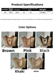 Detailed size chart and multi-color options for large woven straw tote shoulder bag