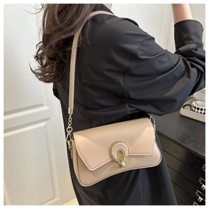 Close-up of beige crossbody bag with gold horseshoe buckle and chain strap detail