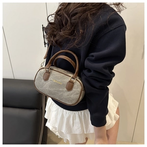 Mini gray stone pattern Boston bag with brown leather straps and gold fashion text