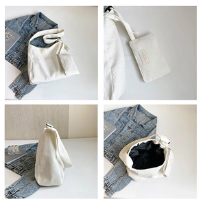 Detailed views of corduroy tote bag showing interior lining and small accessory pouch