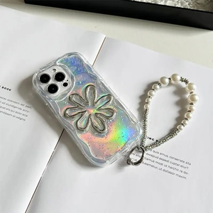 Holografische iPhone Hülle mit Blumen-Design, Glitzer und eleganter Perlenkette