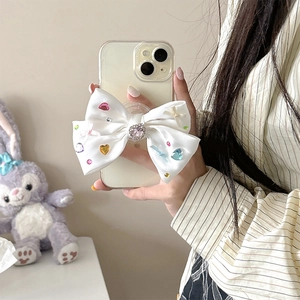 Sparkling rhinestone bow phone grip holder with colorful heart gems in Korean INS style