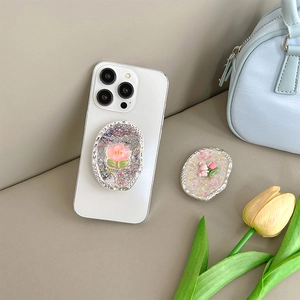 Sparkly floral tulip and rabbit phone socket stand with glitter silver oval frame