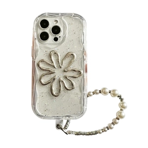 Transparente Glitzer Hülle mit silberner Blume und Perlen-Handschlaufe für iPhone