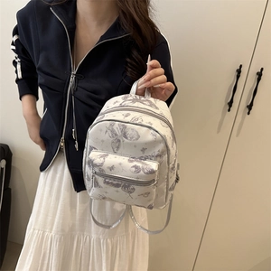 Mini white PU leather backpack with vintage butterfly print and metal zippers for women