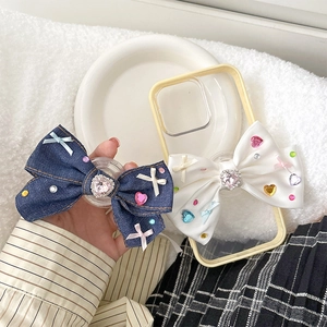 Denim and silk bow phone socket holder with rhinestones and cute heart gems