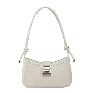 Minimalist off-white leather shoulder bag with gold geometric buckle on plain background