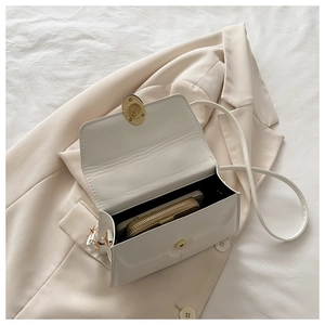 Detail view of the interior compartment with gold magnetic buckle and white leather finish